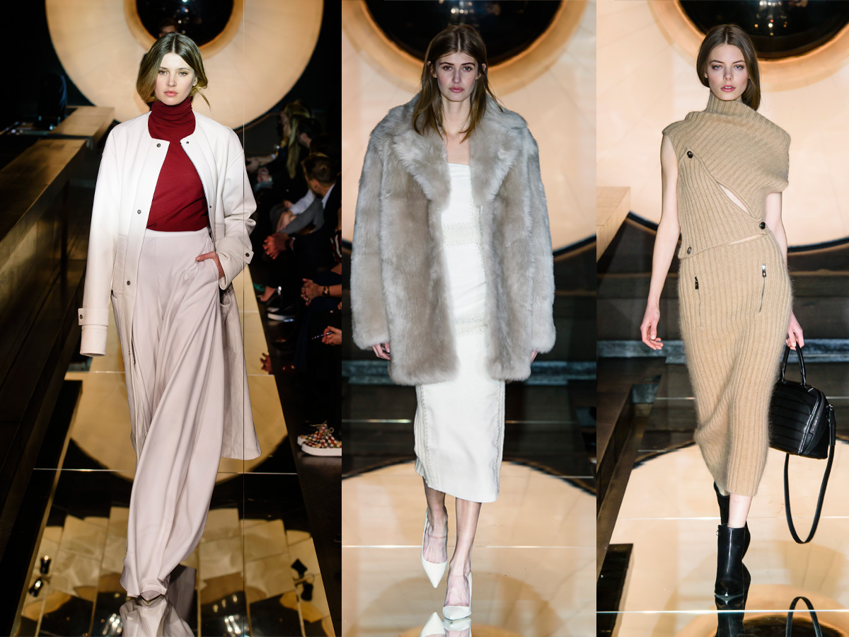 Porsche Design Runway white beige dress fur coat pink skirt
