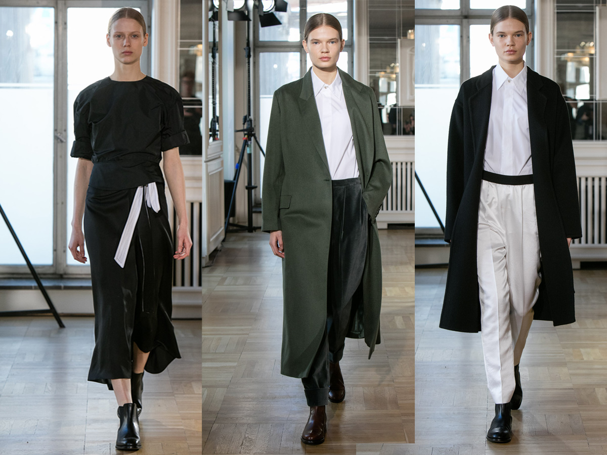 black dress green coat tailoring rene stork black coat white pants beige shirt