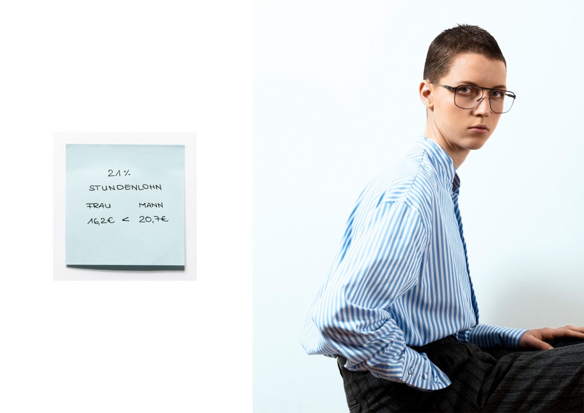 gender Pay gap 77 tage arbeit inequality feminism blue post it woman suit glasses blue shirt