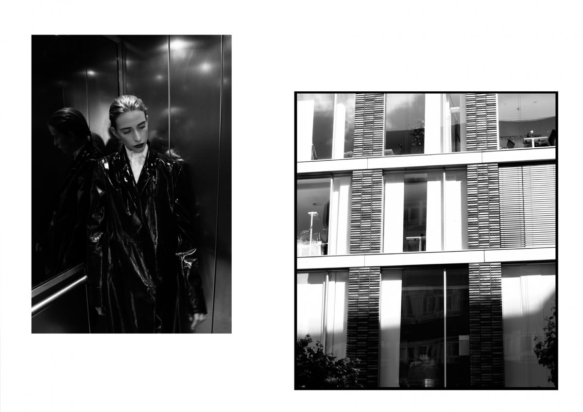 woman trench coat leather elevator apartment building black white editorial