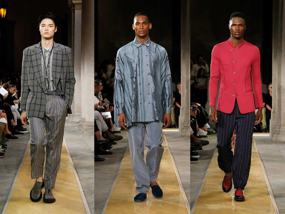 Milan fashion week ss2020 roundup men grey suit denim shirt hot pink jacket