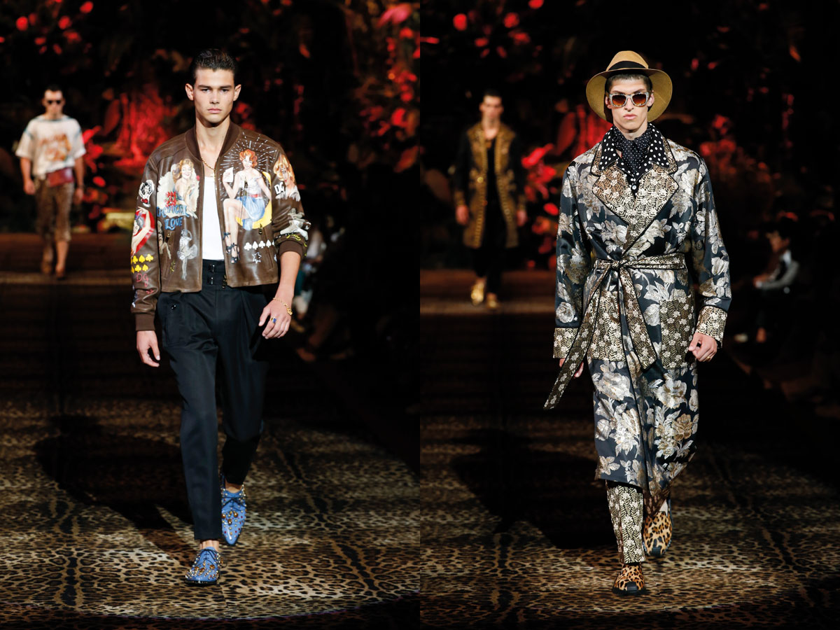 Milan fashion week ss2020 roundup men dolce gabbana brown leather jacket patterned coat