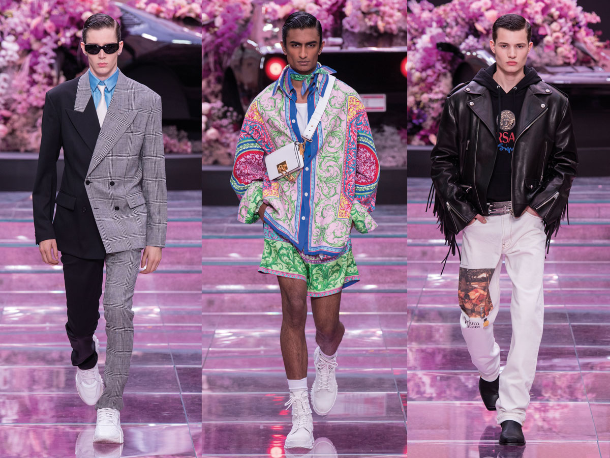 Milan fashion week ss2020 roundup men versace patchwork suit grey black patterned windbreaker pink blue green black leather jacket