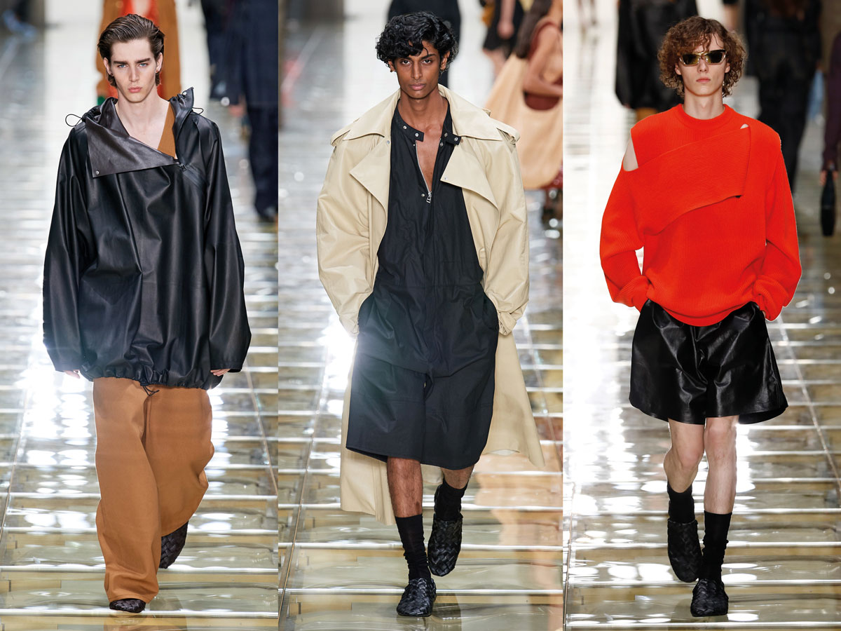 Milan Fashion Week SS20 Bottega veneta Black Coat Dress Red Sweater Brown Pants