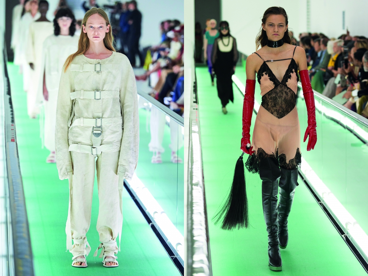 Milan Women Fashion Week SS 20 Gucci White Suit Nude lace dress latex boots black latex gloves red