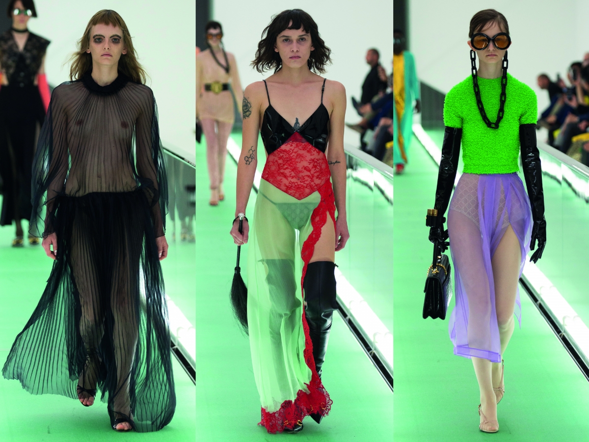 Milan Fashion Week Gucci Dress Black Patchwork dress neon top lilac skirt oversized glasses