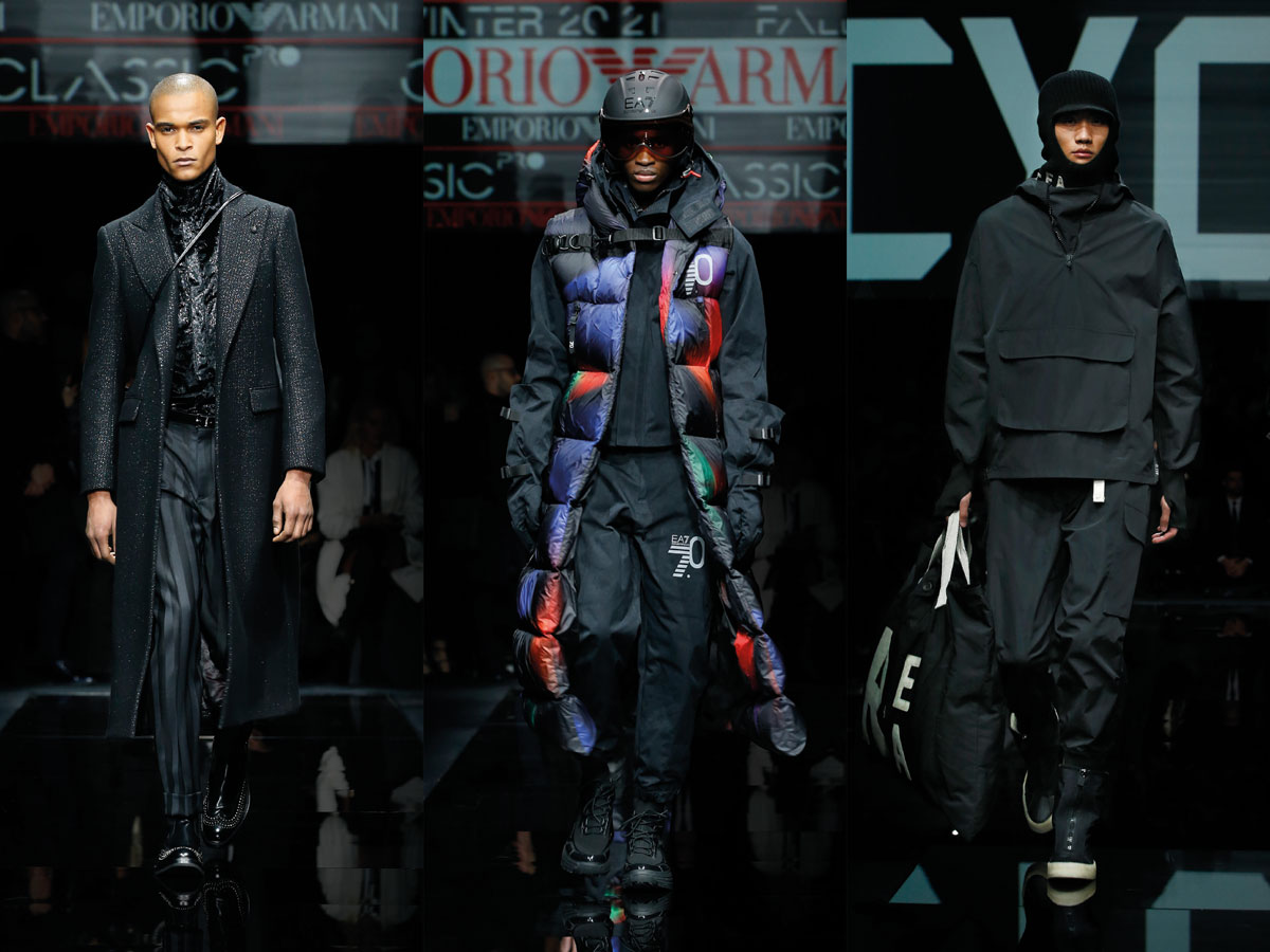 Milan men fw 2020 fashion week Emporio Armani Black suit padded vest black hoodie