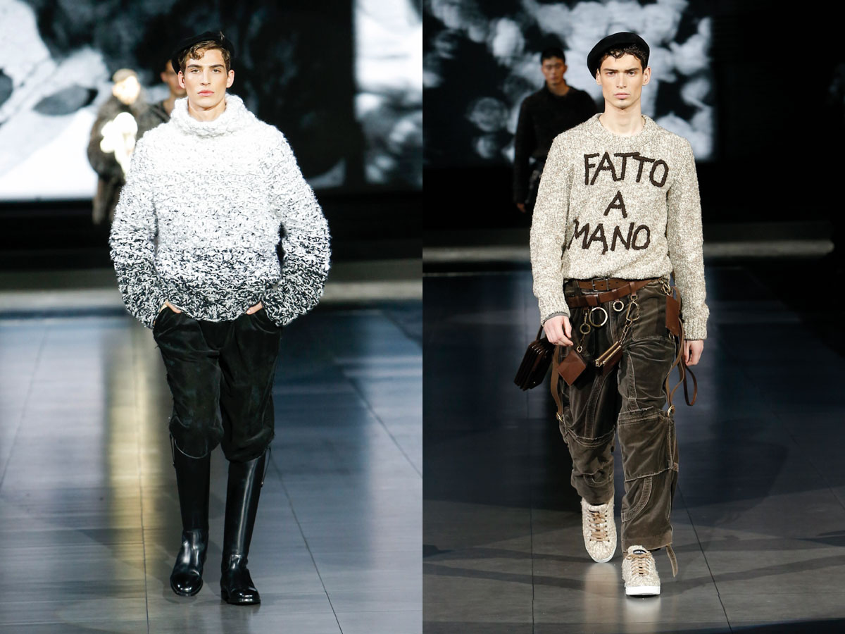 Milan men fw 2020 fashion week Dolce Gabbana D&G white blue sweater leather boots beige sweater brown utility pants beret