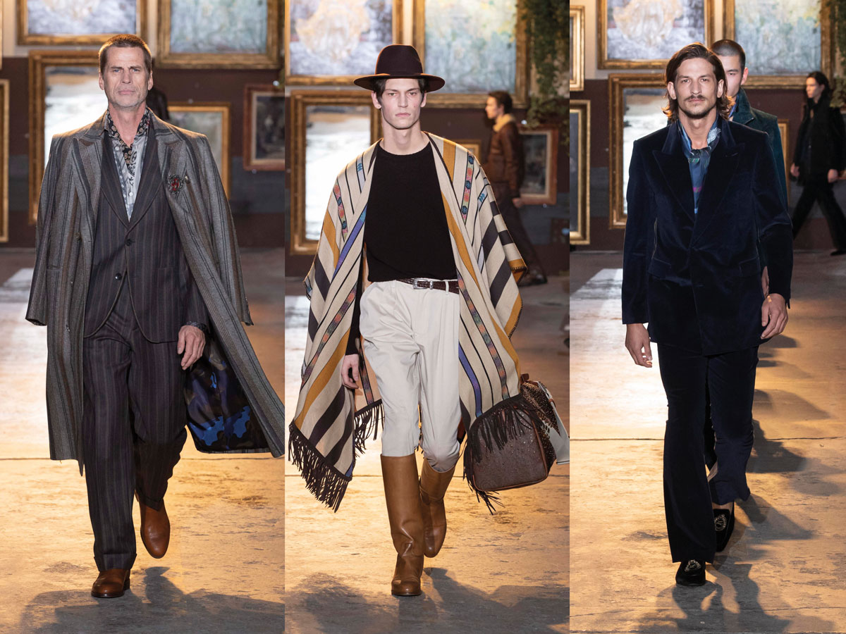 Milan fw 2020 fashion week etro grey suit beige cape blue velvet suit