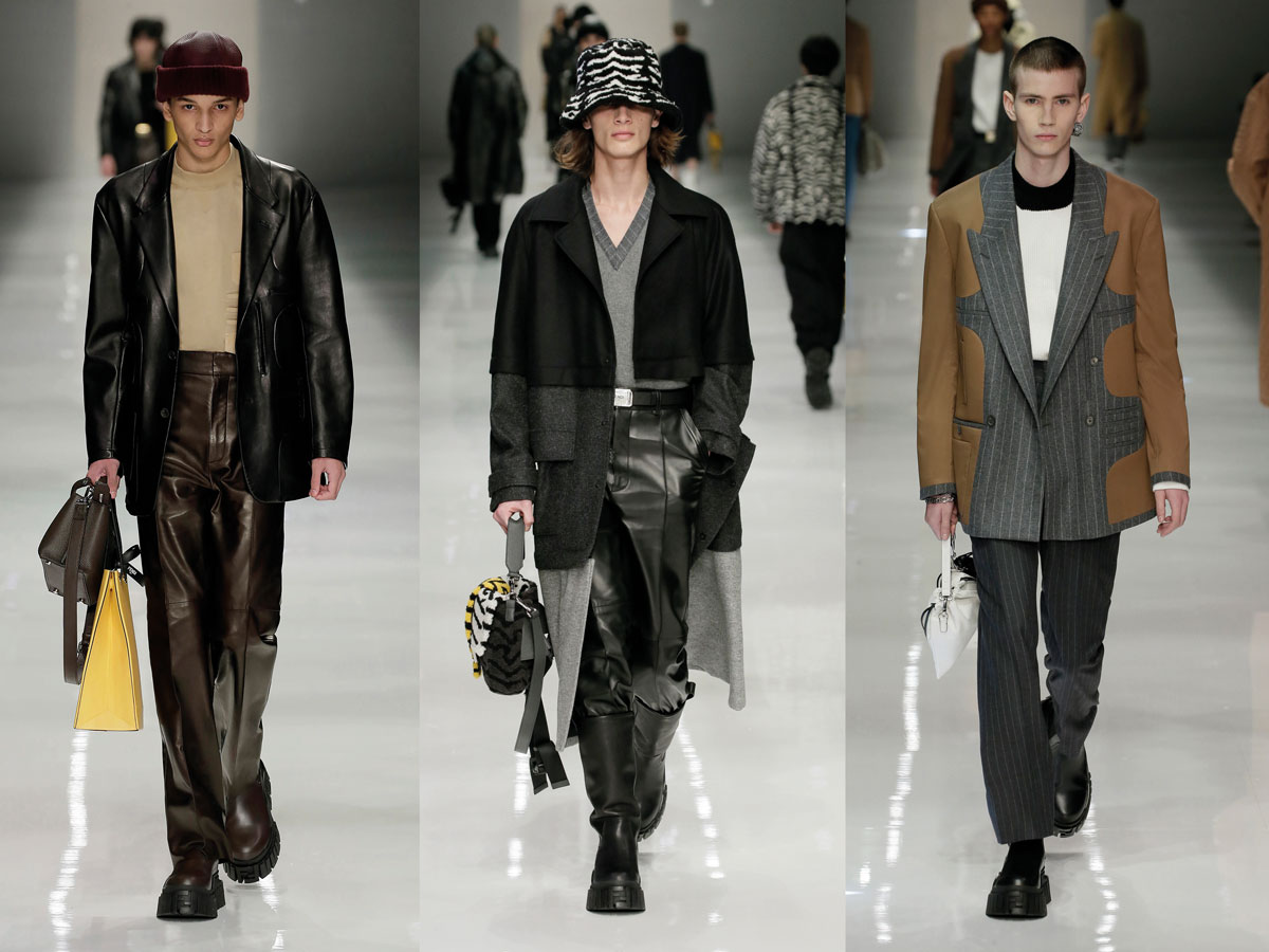 Milan fw 2020 fashion week fendi leather blazer black pants brown black grey coat beige grey coat