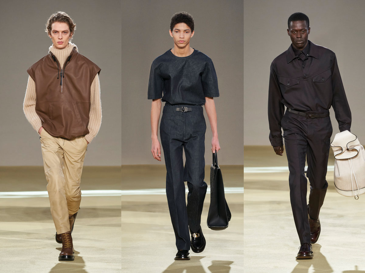Milan fw 2020 fashion week ferragama brown leather vest grey suit brown set