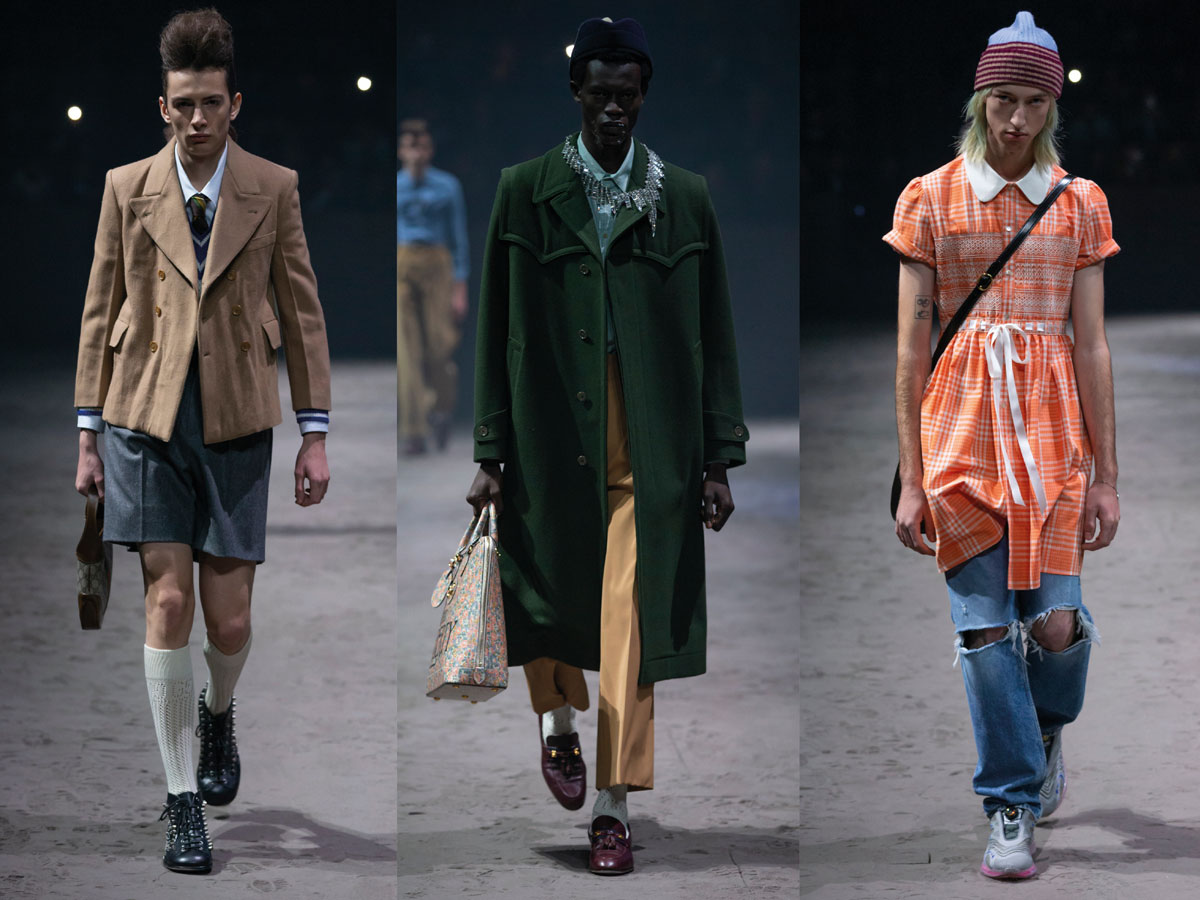 Milan fw 2020 fashion week gucci brown jacket shorts green coat orange dress distressed jeans