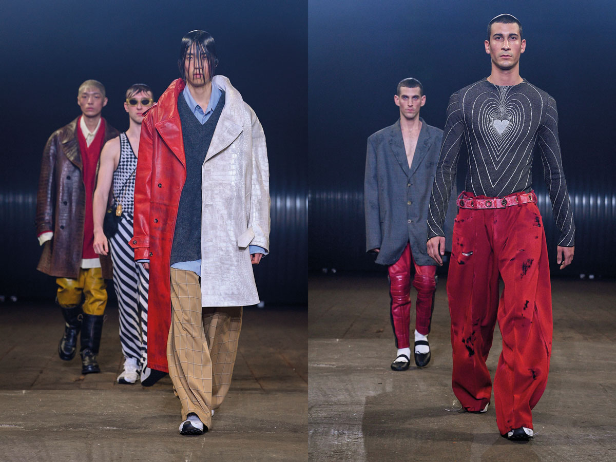 Milan men fw 2020 fashion week Marni red white coat heart grey top red pants