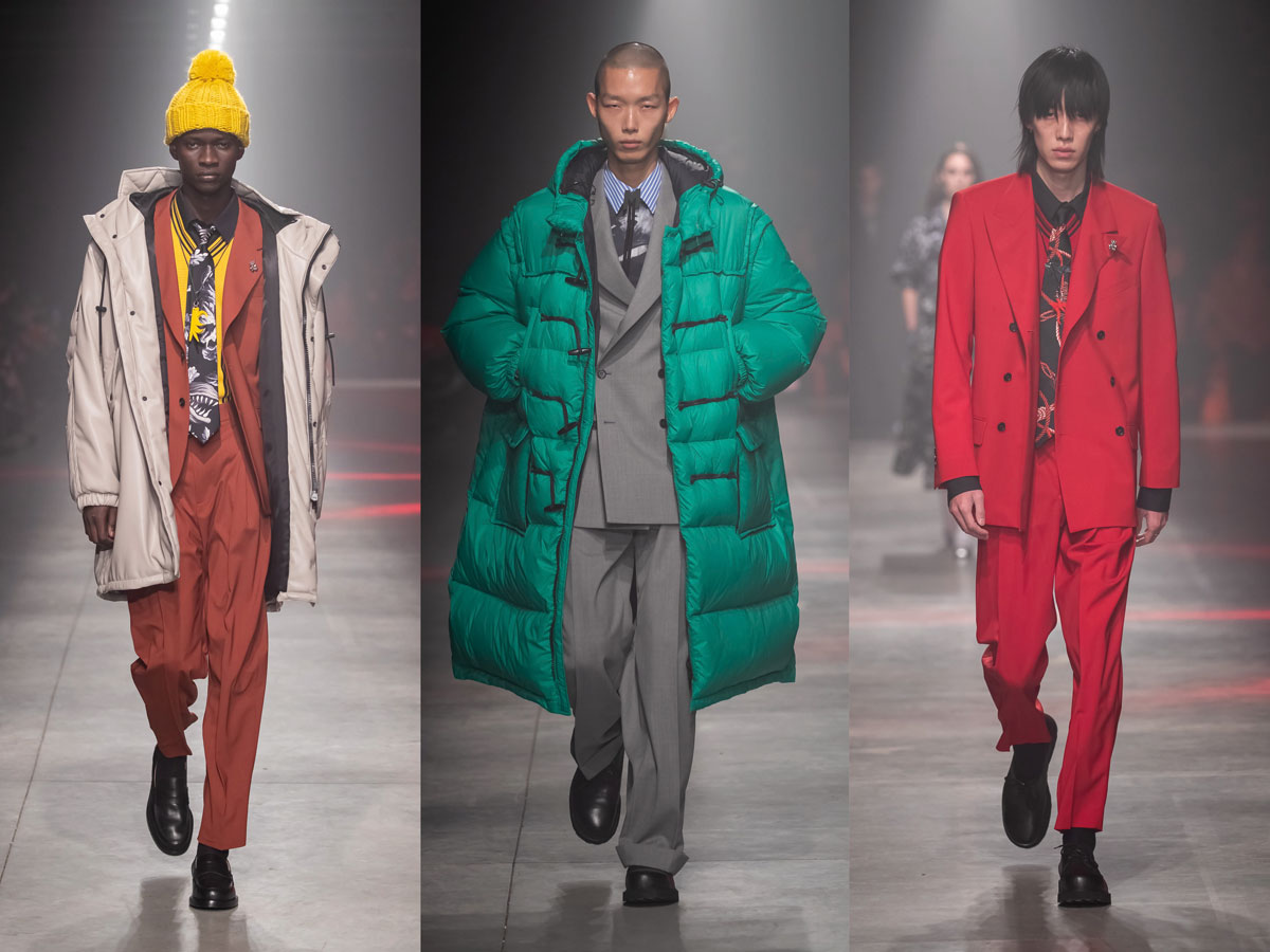Milan fw 2020 fashion week msgm beige jacket orange suit green puffer coat hot pink suit