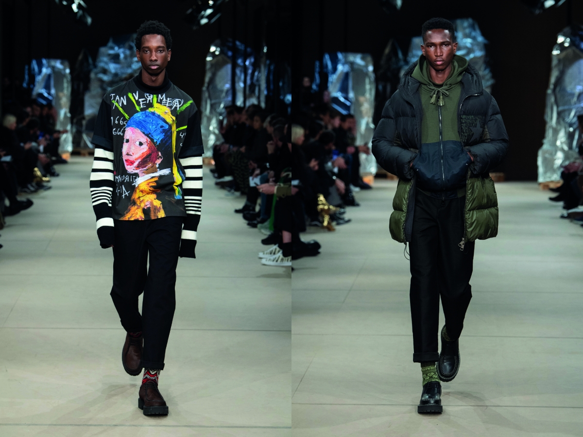 Milan men fw 2020 fashion week Neil Barrett Graphiic sweater Woman with pearl earring green black padded jacket