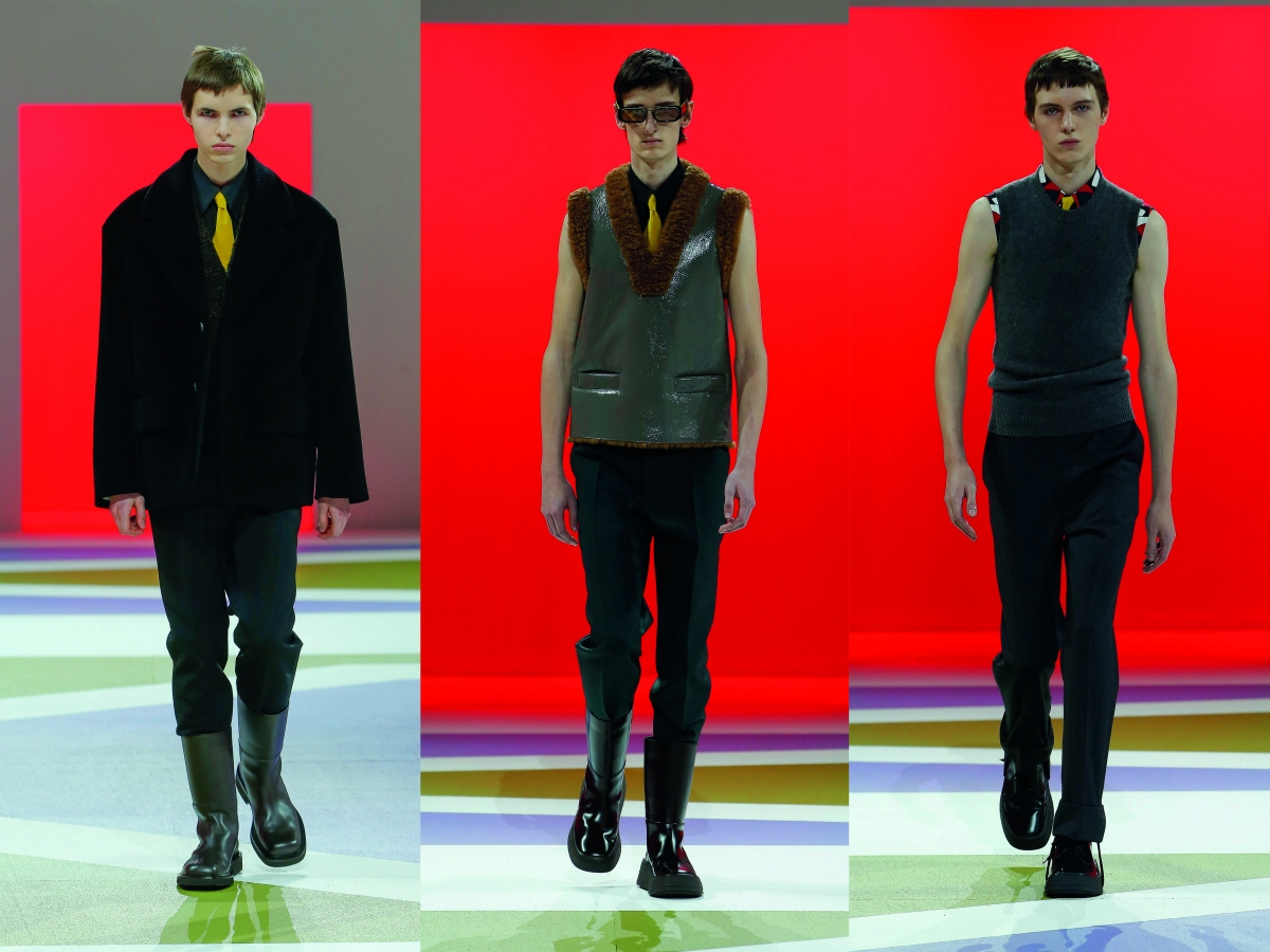 Milan fw 2020 fashion week prada black suit boots grey vest brown fur pleather sunglasses