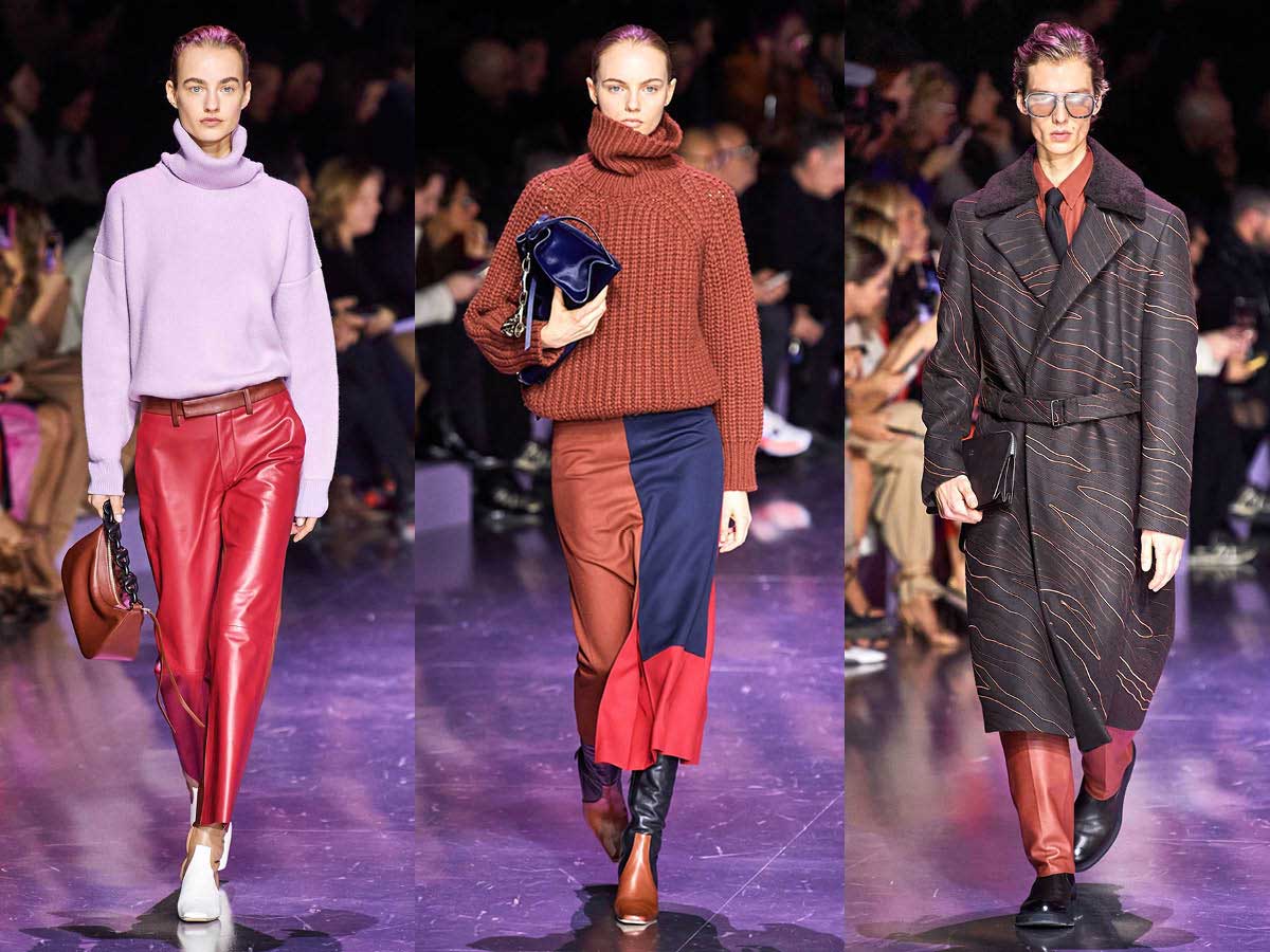 Milan women fashion week fall winer purple show Hugo Bosstop red pants orange sweater leather trench coat