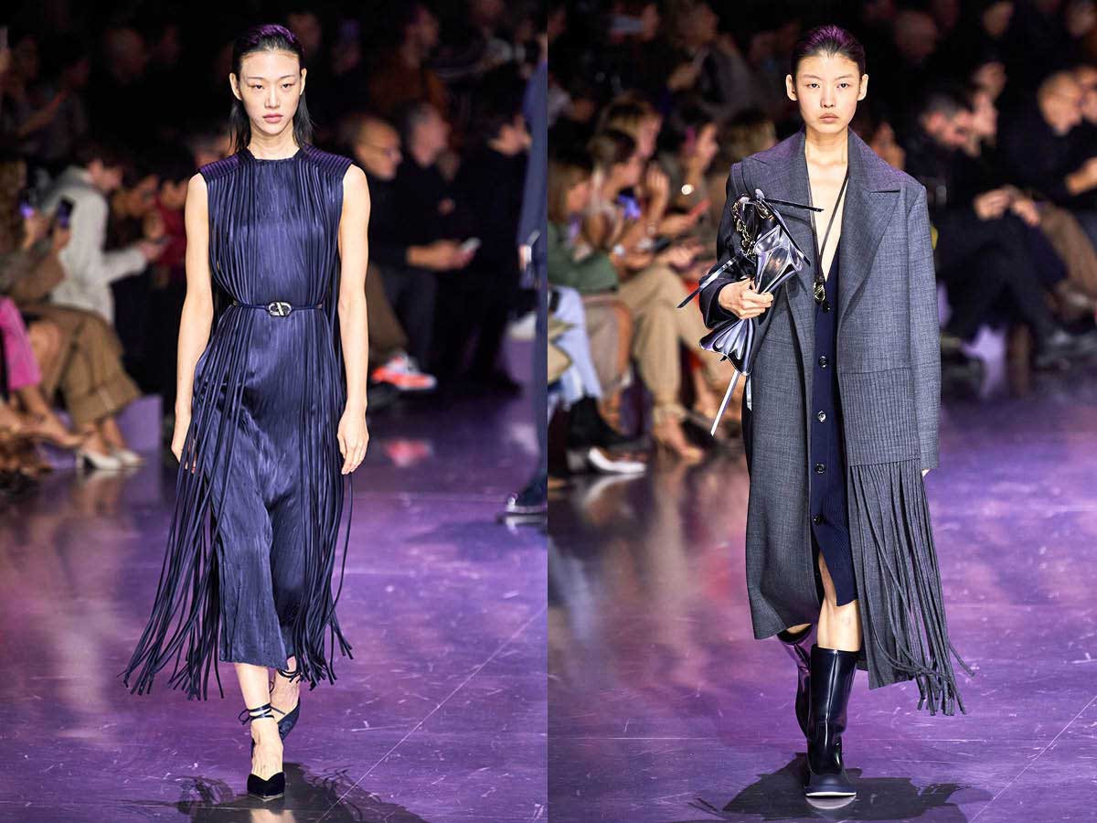 Milan women fashion week fall winer purple show Hugo Boss Blue Dress Coat fringes
