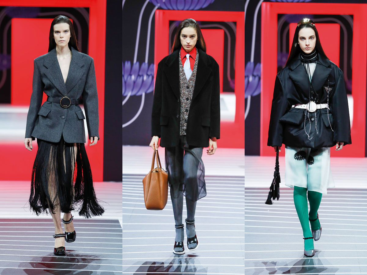 Milan fw 2020 prada grey black coat green tights blazer fringe skirt