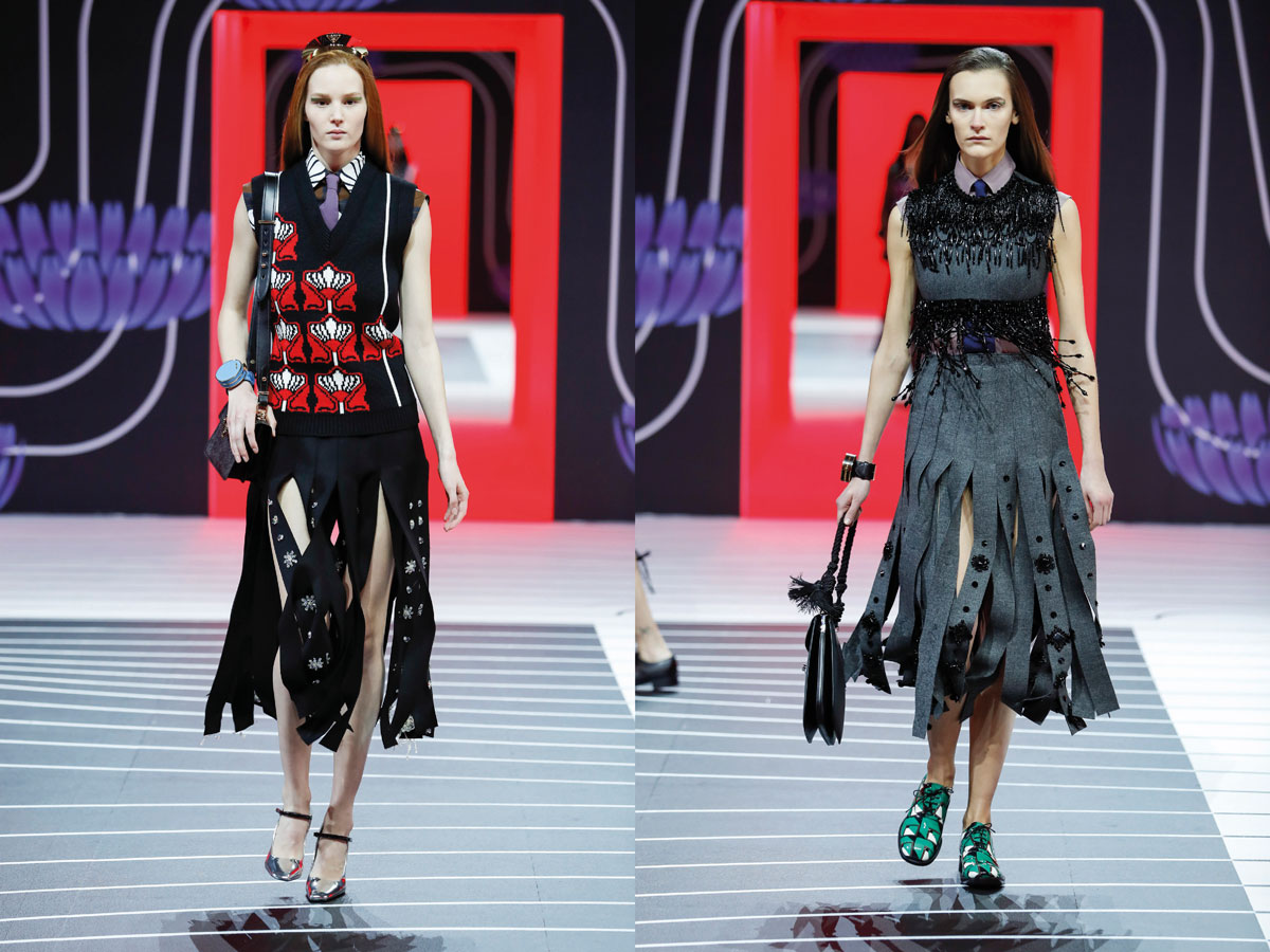Milan fw 2020 prada grey dress red top black skirt fringe
