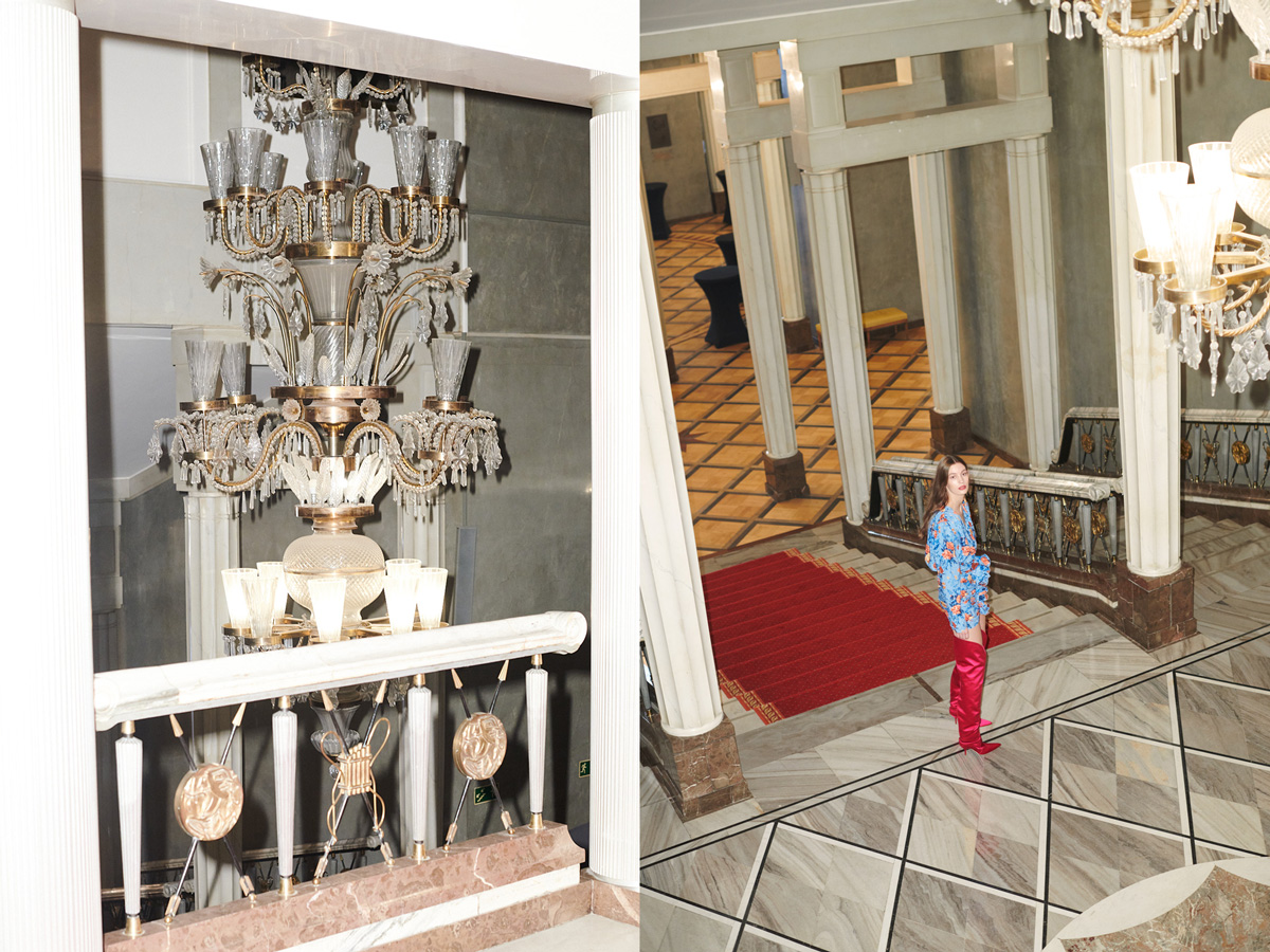 Magda Butrym Model red boots blue dressred carpet stairs chandelier