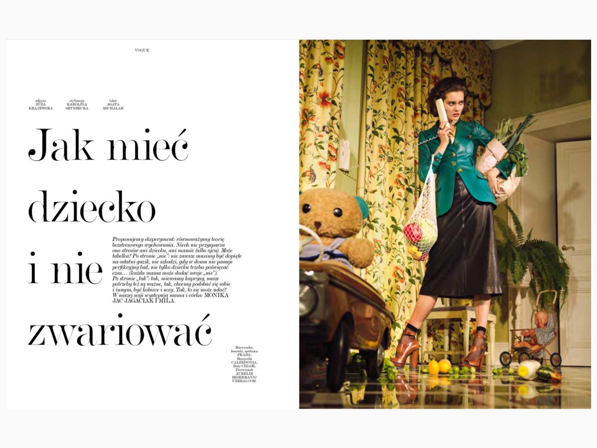 Vogue Poland Article Model Brown Hair Apartment Green Blazer Black Skirt Phone