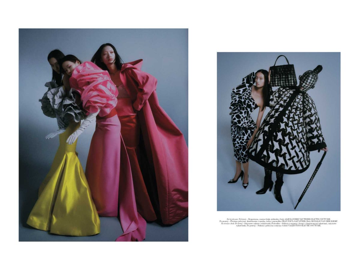 Vogue Poland Fashion Shoot Two Models Grey Background Yellow Pink Dress Pattern Jacket