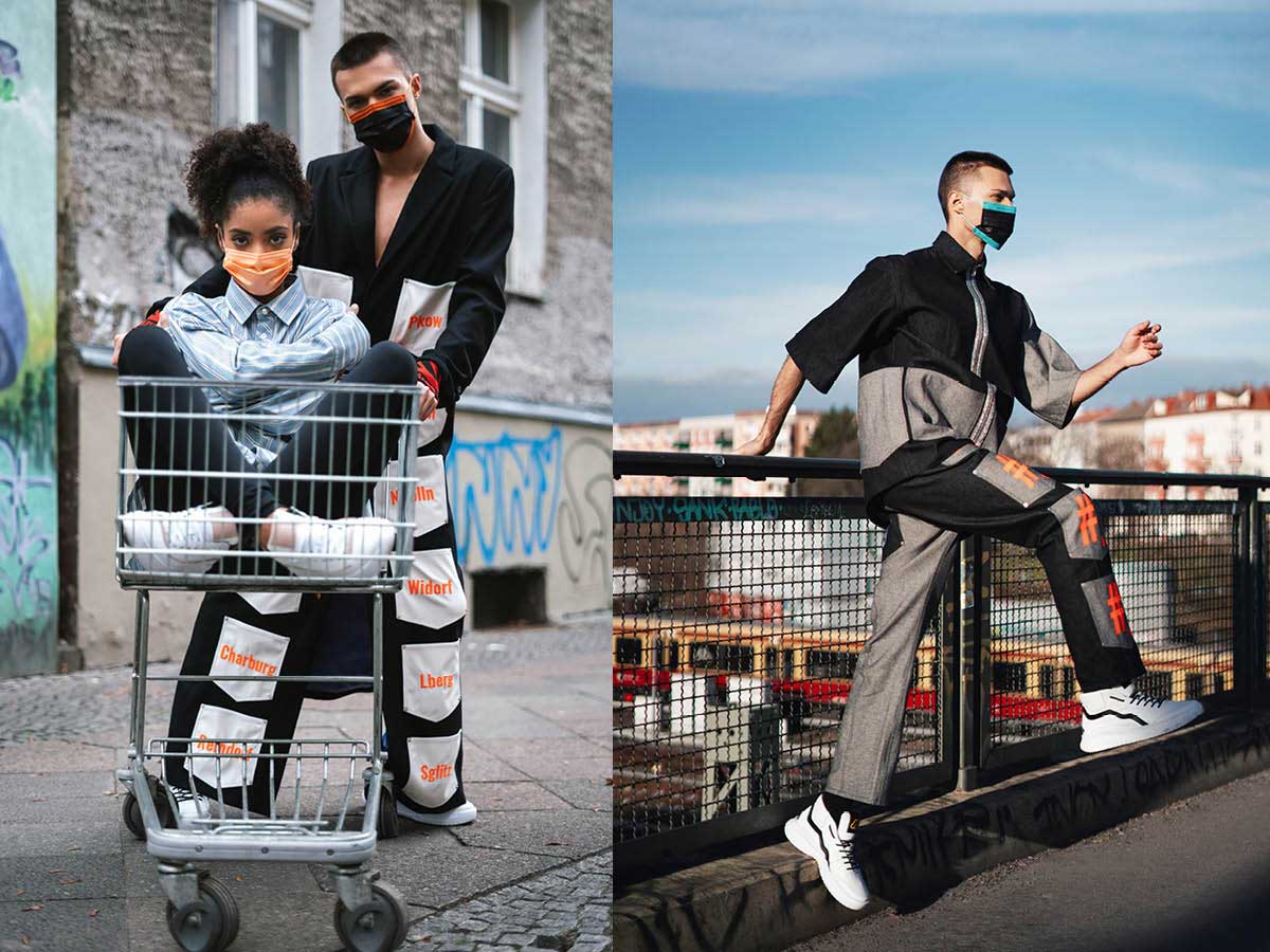 Damur Huang women man blue roof shopping cart running models masks