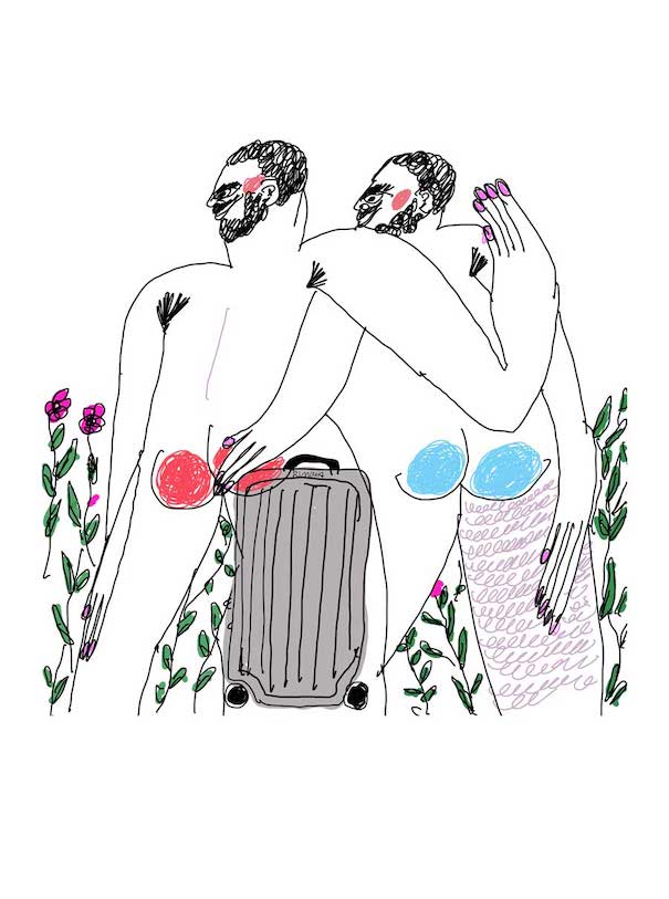 about pride and commerce illustration people flowers pink blue rimowa