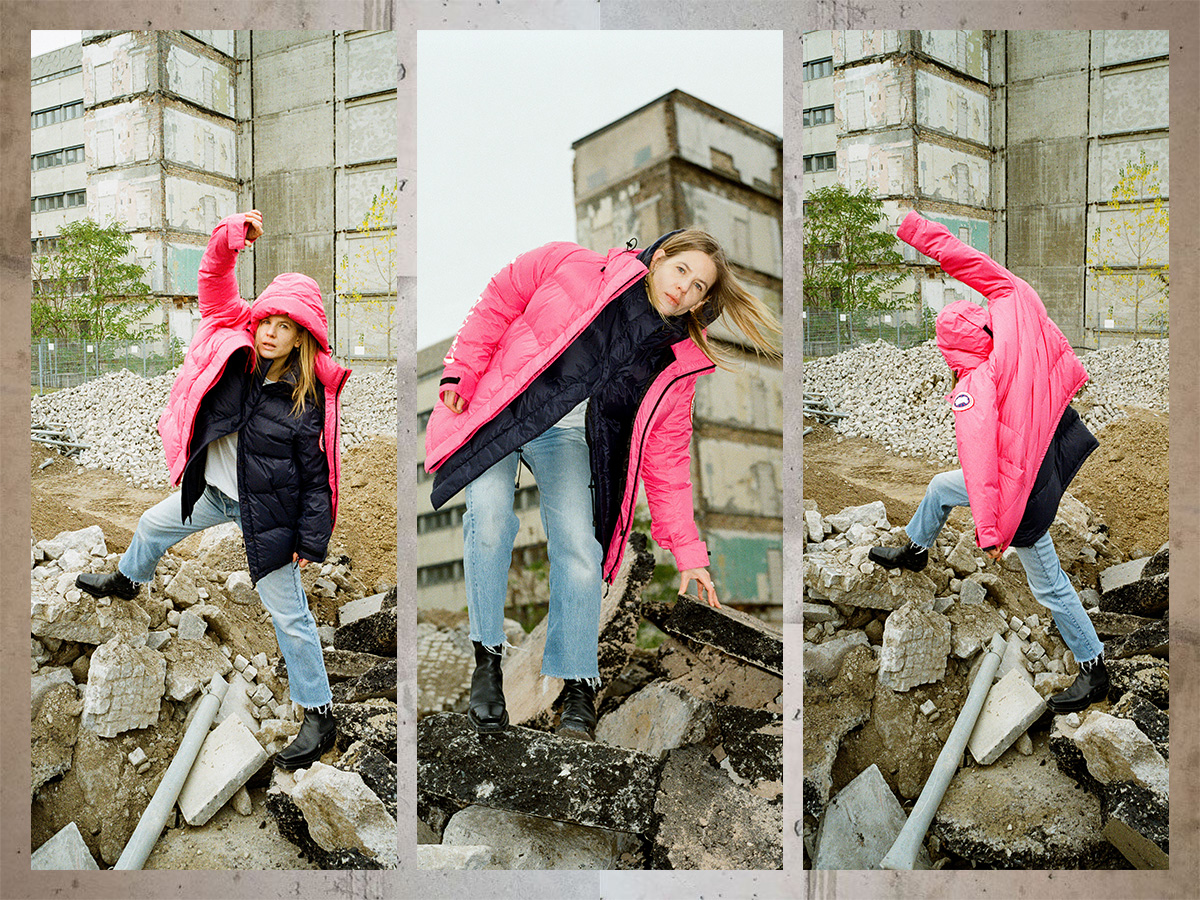 Canada Goose Editorial Pink Puffer Jacket blue jeans