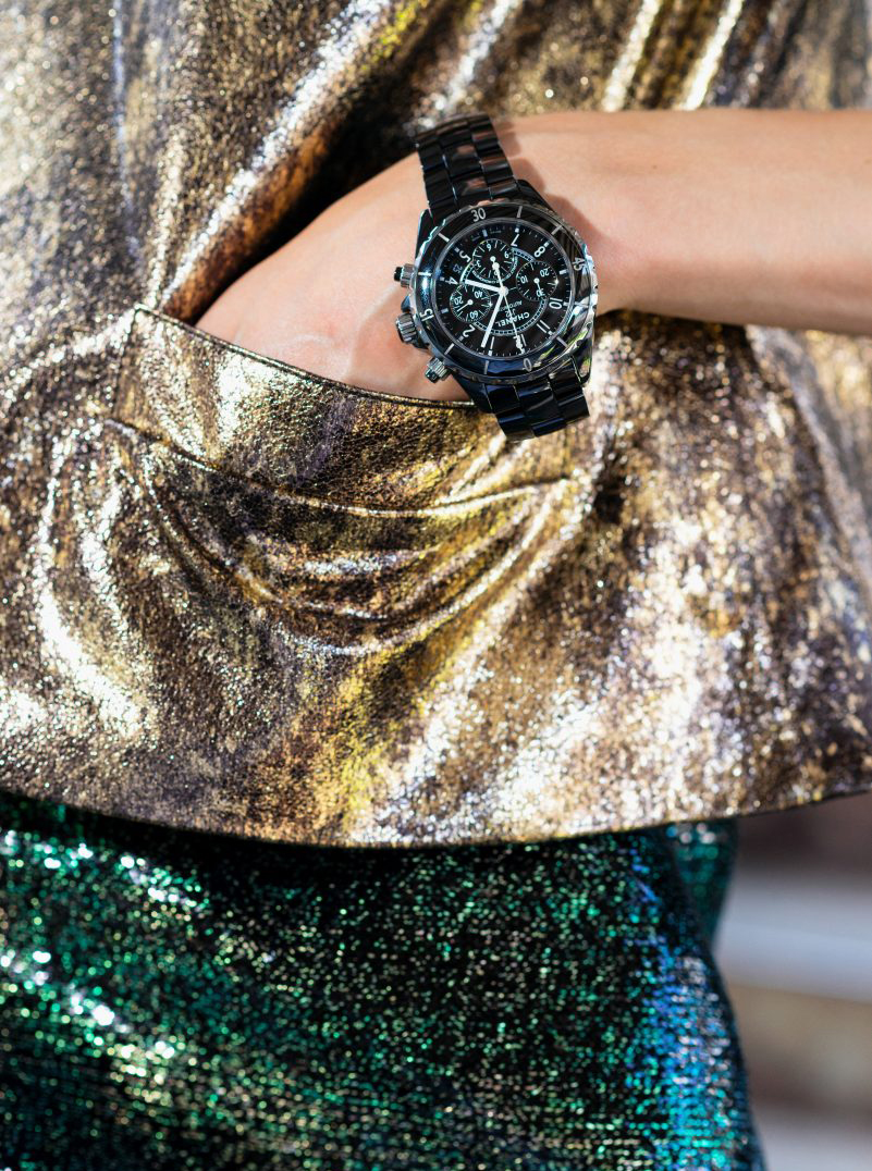 Chanel Watch black gold top green pants