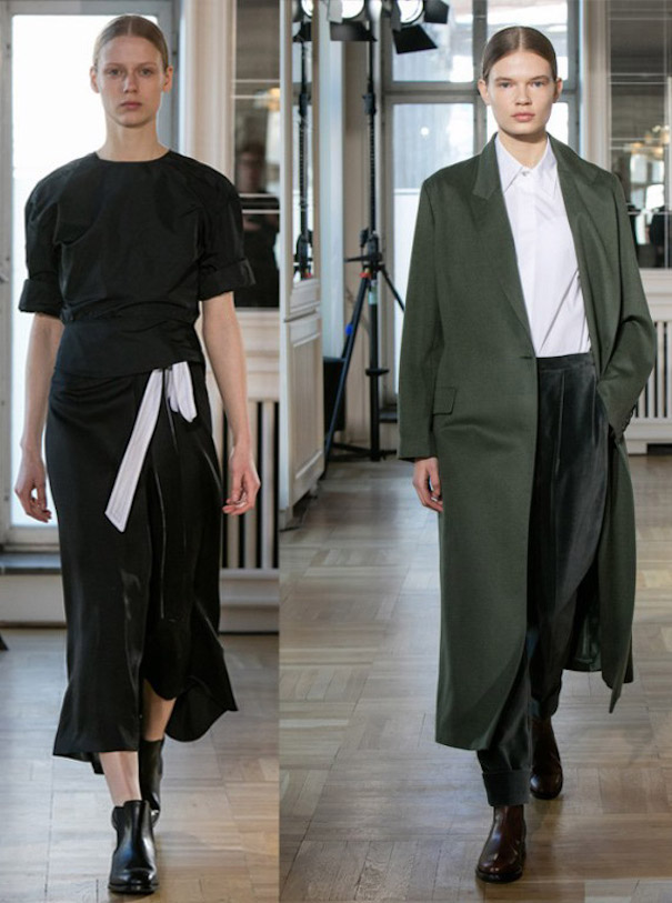 Berlin Fashion week Black dress white beld green coat white shirt black pants