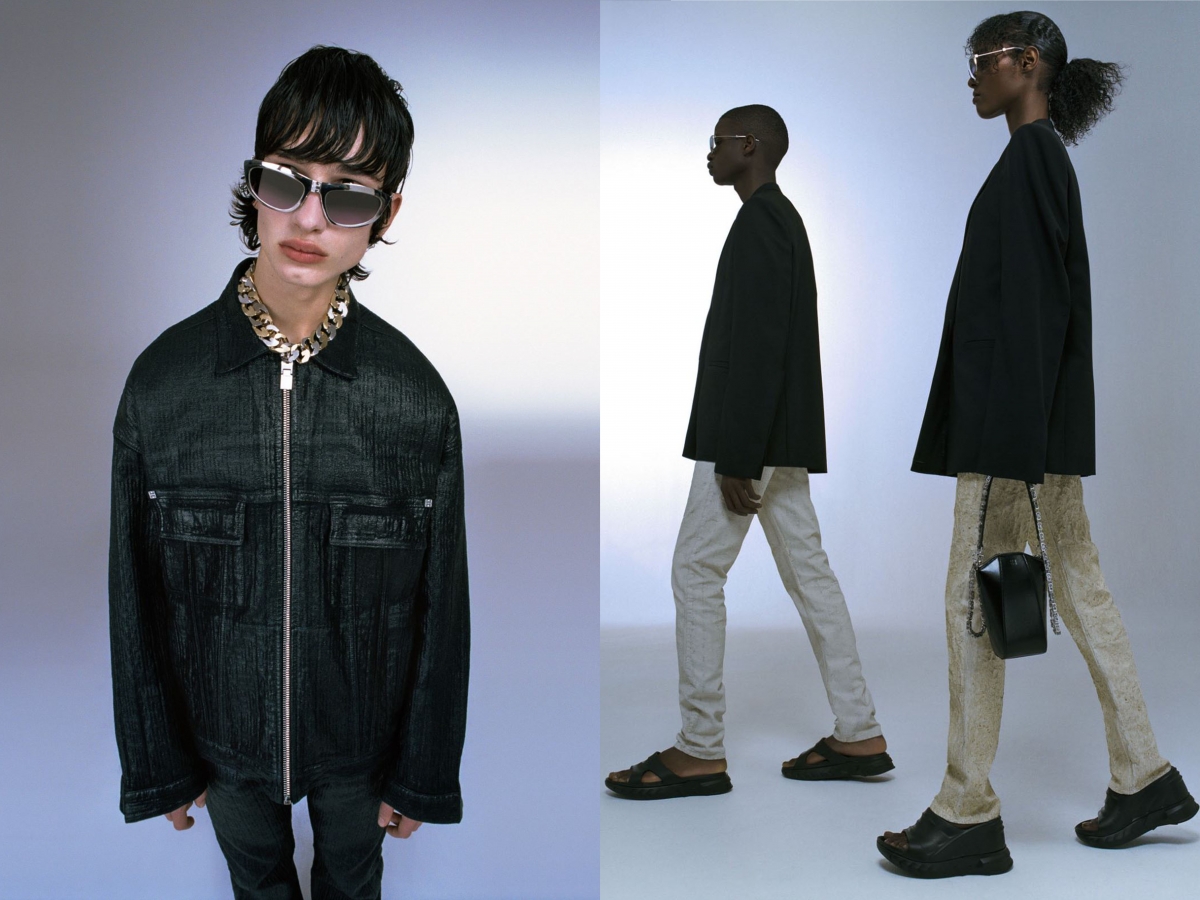 Givenchy Black jacket sunglasses beige pants black shoes