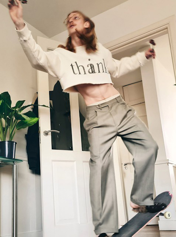 Hips don’t lie_featured Gucci Fall/Winter 2020 campaign Man cropped beige sweater low rise khakis skateboard