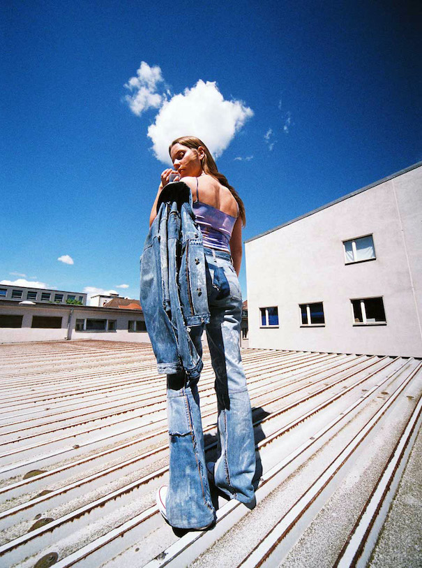 in bloom campaign model patchwork denim blue sky