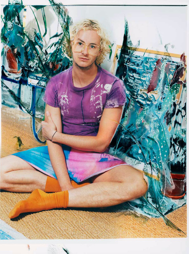 In Bloom Julia Seemann Flavio Zimmermann Model sitting blonde purple top blue orange socks