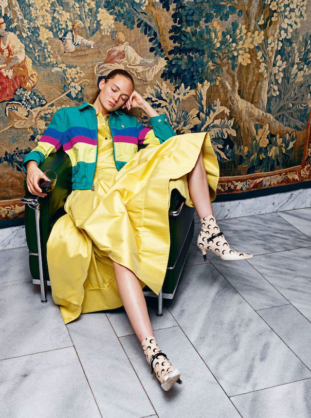Johnny Talbot Adrian Runhof Campaign Achtung Marine Serre Yellow Dress Rainbow Jacket Model Chair