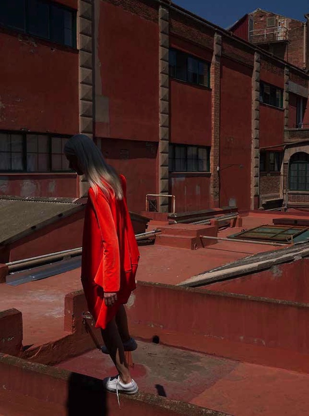 red dress woman building