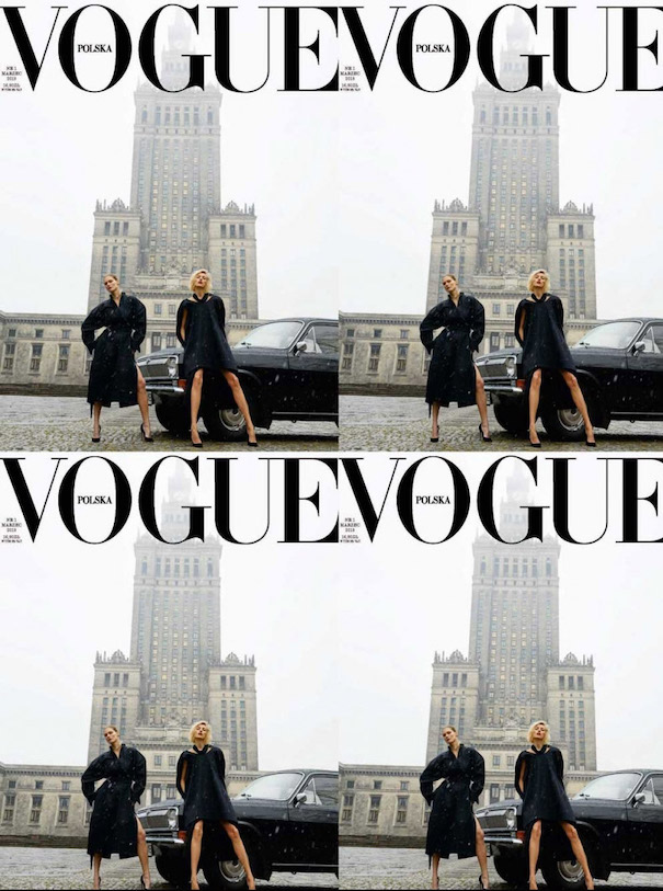 Vogue Cover Poland two Models Black Dress White Background Tall Building