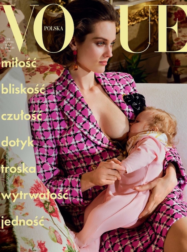 Vogue Cover Poland Model brown hair pink chanel suit Baby