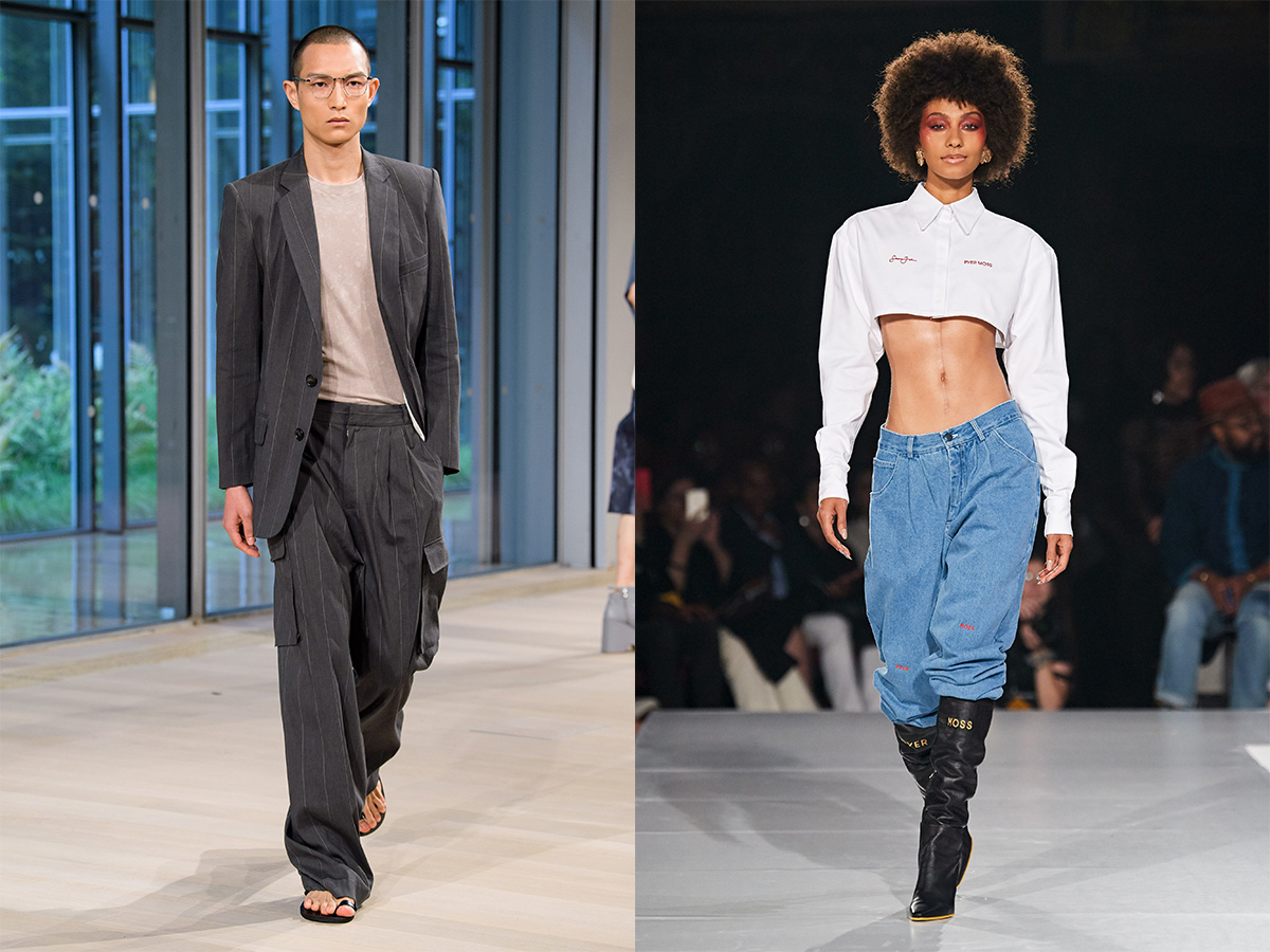 manuelhip2 Spring/Summer 2020 collections from Tibi (left) and Pyer Moss (right) striped suit oversized white cropped blouse low waist denim black boots
