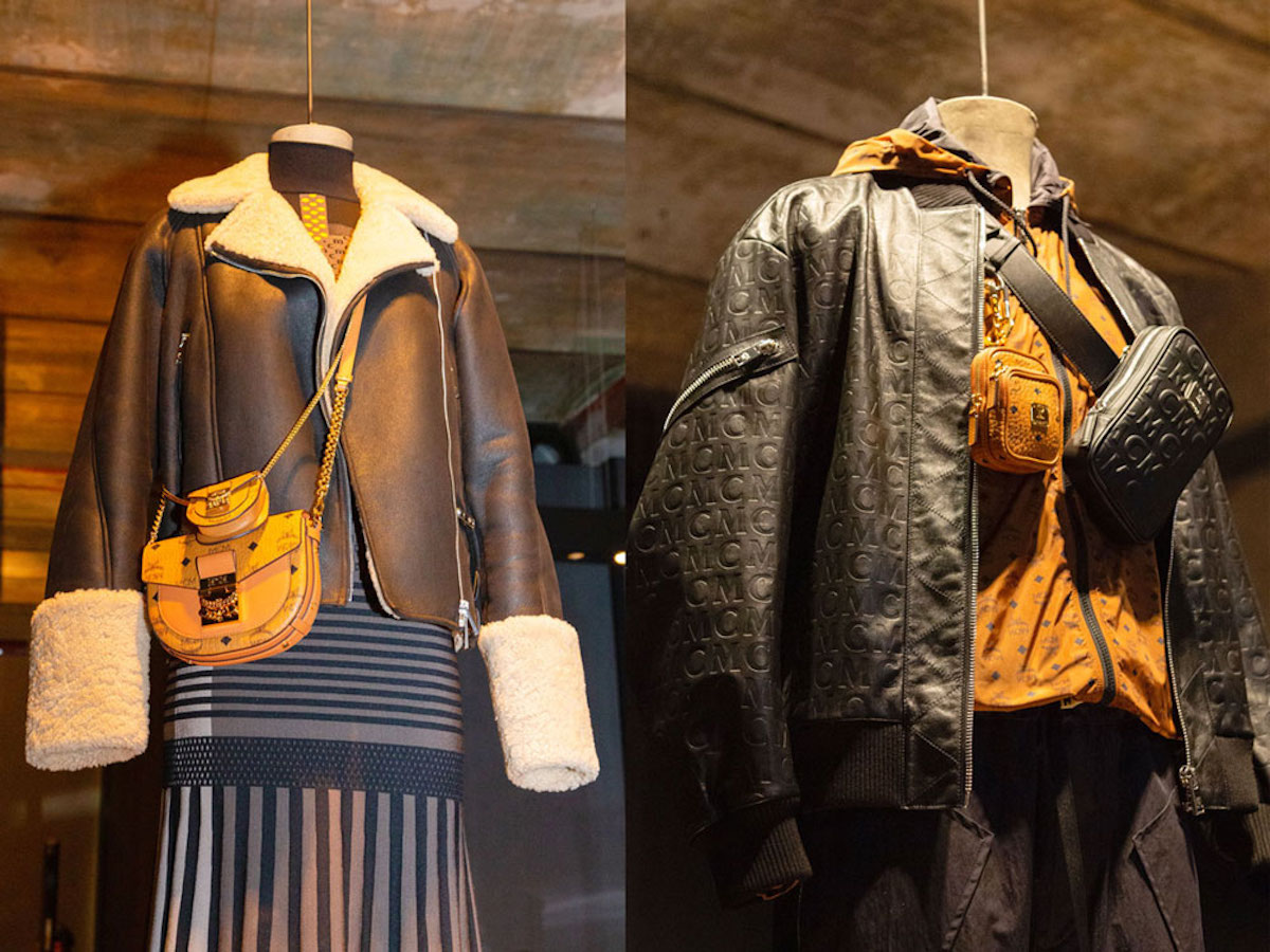 Milan fw 2020 fashion week MCM brown shearling coat logo black leather jacket