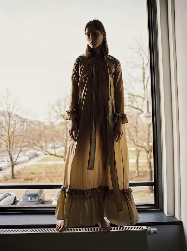 andra dumitrascu model window dress beige seethrough