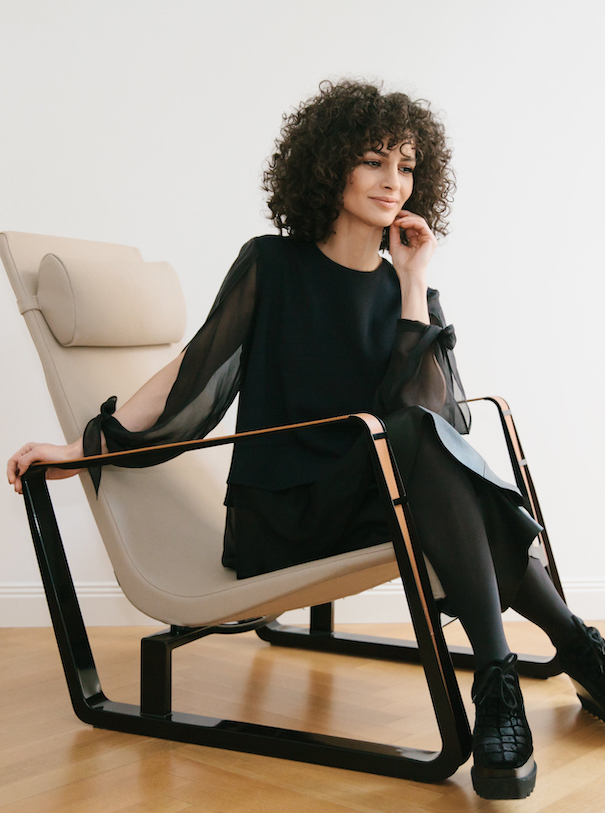 Nobieh Talaei Photo Portrait Black Dress White Chair White Wall