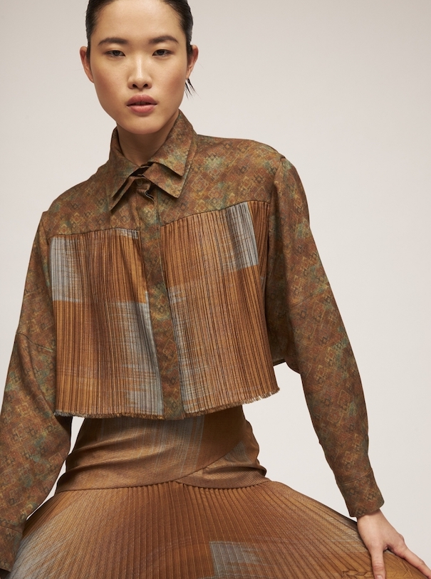 Nobieh Talei Campaign Brown Shirt Patchwork pattern Model White Background