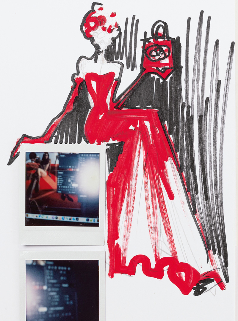 valentino v signature red black dress sketch