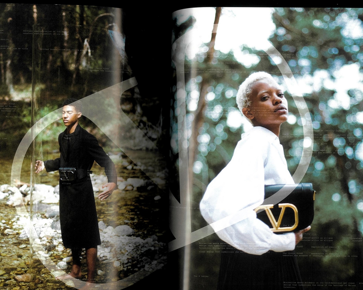 valentino v signature black dress white blouse black bag woods forest