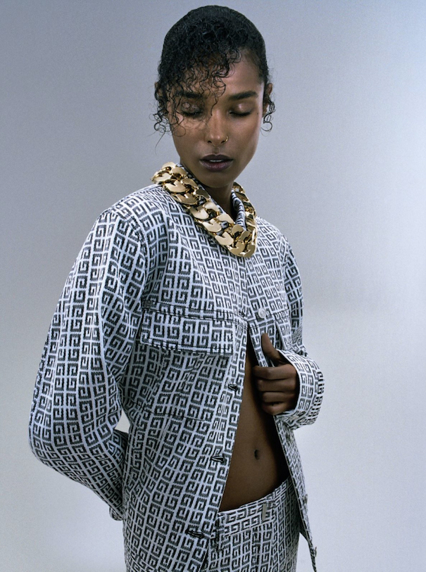 Givenchy gold necklace blue cardigan