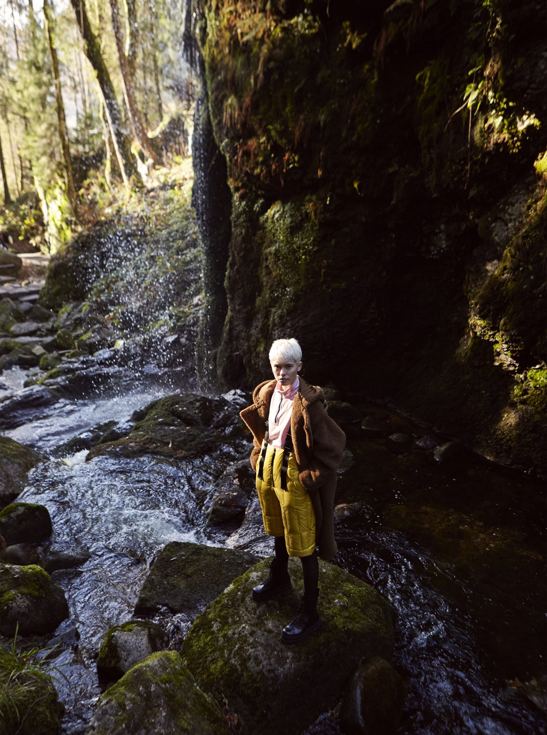 of fog and falls Maike in Max Mara waterfall black forest